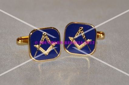 Square & Compasses on Blue Enamel Gold Plated Cufflinks